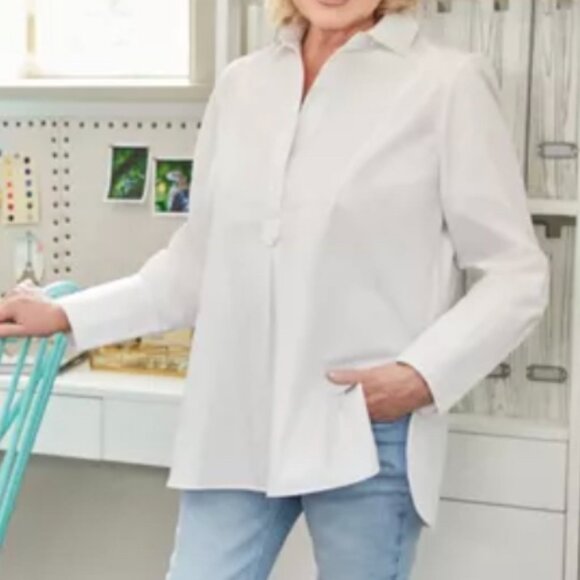 Martha Stewart Stretch Poplin Blouse with Split V-Neck - Picture 1 of 7